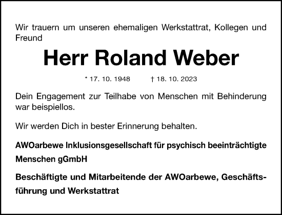 Traueranzeige von Roland Weber von Gesamtausgabe Nürnberger Nachrichten/ Nürnberger Ztg.