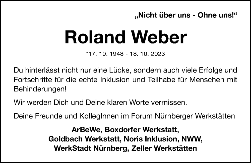  Traueranzeige für Roland Weber vom 28.10.2023 aus Gesamtausgabe Nürnberger Nachrichten/ Nürnberger Ztg.