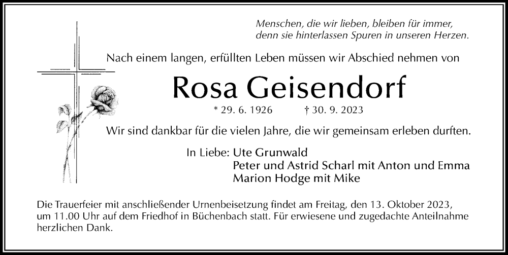  Traueranzeige für Rosa Geisendorf vom 10.10.2023 aus Erlanger Nachrichten Lokal