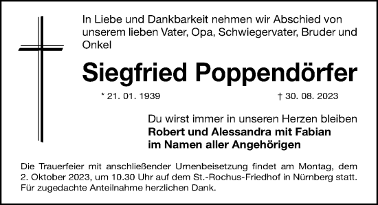Traueranzeige von Siegfried Poppendörfer von Gesamtausgabe Nürnberger Nachrichten/ Nürnberger Ztg.