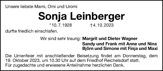 Traueranzeige von Sonja Leinberger von Gesamtausgabe Nürnberger Nachrichten/ Nürnberger Ztg.