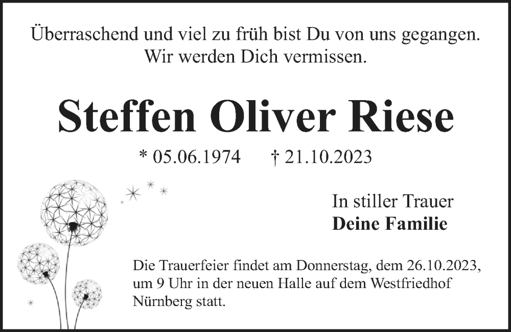  Traueranzeige für Steffen Oliver Riese vom 25.10.2023 aus Gesamtausgabe Nürnberger Nachrichten/ Nürnberger Ztg.