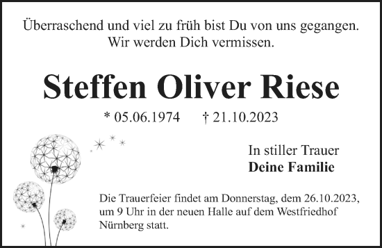 Traueranzeige von Steffen Oliver Riese von Gesamtausgabe Nürnberger Nachrichten/ Nürnberger Ztg.