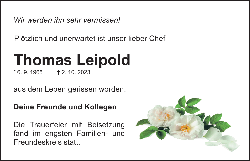  Traueranzeige für Thomas Leipold vom 21.10.2023 aus Gesamtausgabe Nürnberger Nachrichten/ Nürnberger Ztg.