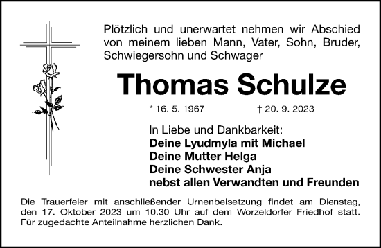 Traueranzeige von Thomas Schulze von Gesamtausgabe Nürnberger Nachrichten/ Nürnberger Ztg.