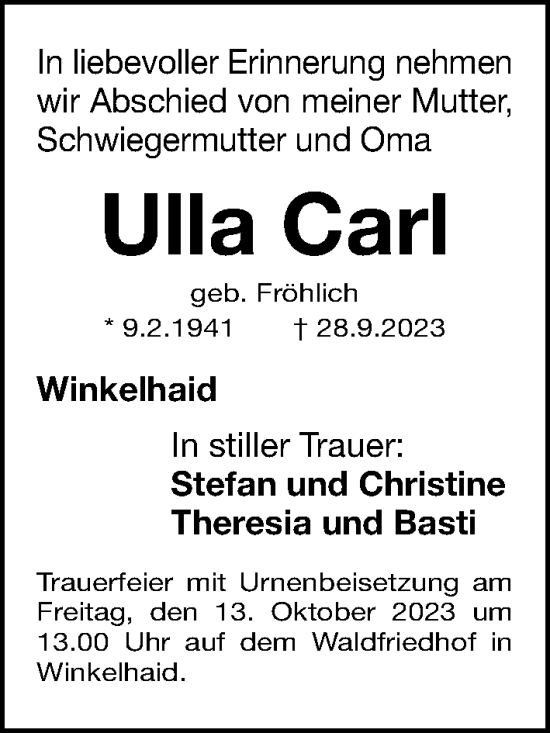 Traueranzeige von Ulla Carl von Gesamtausgabe Nürnberger Nachrichten/ Nürnberger Ztg.