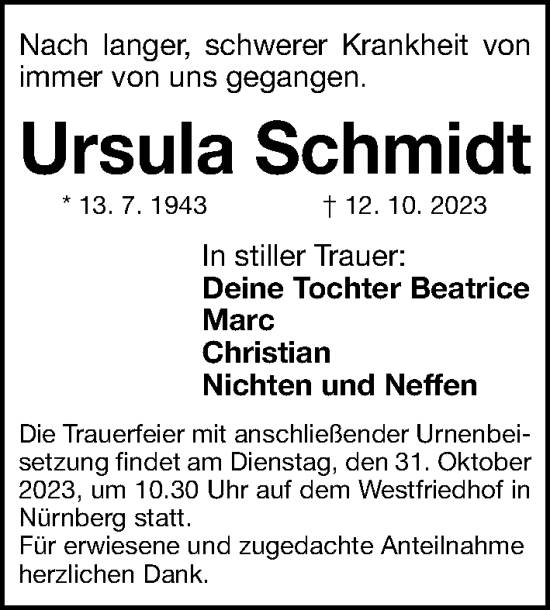 Traueranzeige von Ursula Schmidt von Gesamtausgabe Nürnberger Nachrichten/ Nürnberger Ztg.