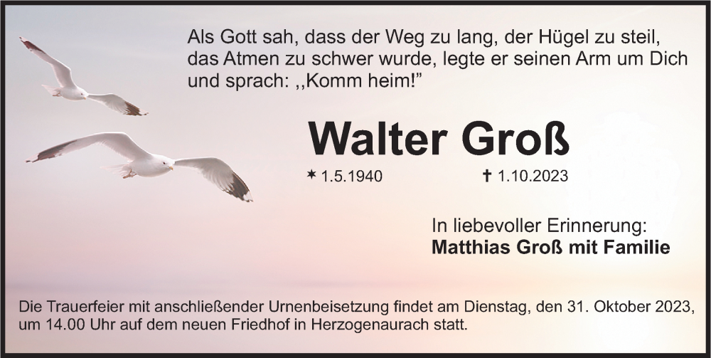  Traueranzeige für Walter Groß vom 14.10.2023 aus Nordbayerische Nachrichten Herzogenaurach Lokal