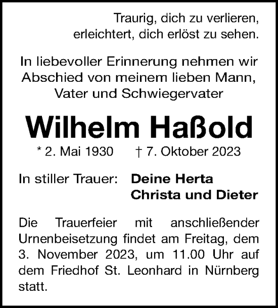 Traueranzeige von Wilhelm Haßold von Gesamtausgabe Nürnberger Nachrichten/ Nürnberger Ztg./ Fürther Nachrichten