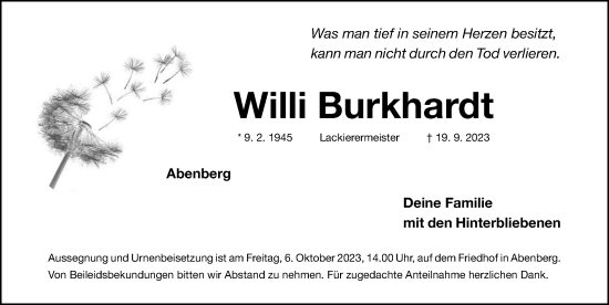 Traueranzeige von Willi Burkhardt von HST,HRHV