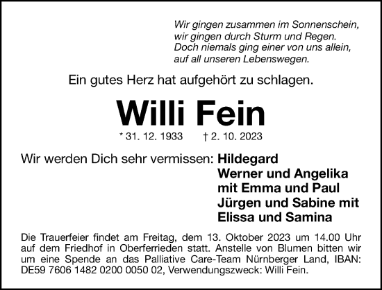 Traueranzeige von Willi Fein von Gesamtausgabe Nürnberger Nachrichten/ Nürnberger Ztg.