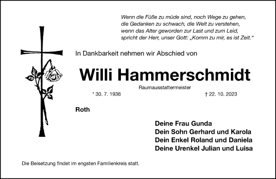 Traueranzeige von Willi Hammerschmidt von Roth-Hilpoltsteiner Volkszeitung Lokal