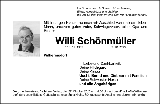 Traueranzeige von Willi Schönmüller von Fürther Nachrichten Lokal