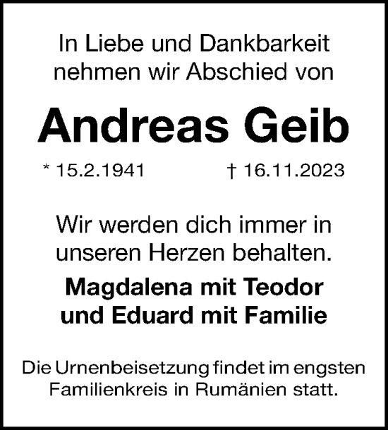 Traueranzeige von Andreas Geib von Gesamtausgabe Nürnberger Nachrichten/ Nürnberger Ztg.