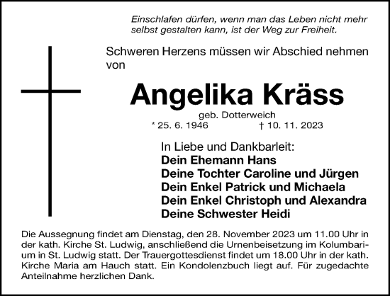 Traueranzeige von Angelika Kräss von Gesamtausgabe Nürnberger Nachrichten/ Nürnberger Ztg.