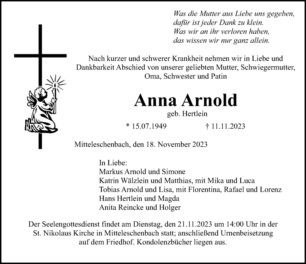  Traueranzeige für Anna Arnold vom 18.11.2023 aus Altmühl-Bote Lokal