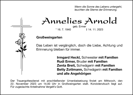 Traueranzeige von Annelies Arnold von Roth-Hilpoltsteiner Volkszeitung Lokal
