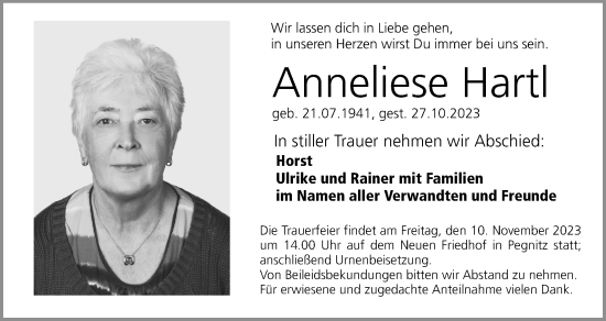 Traueranzeige von Anneliese Hartl von Nordbayerische Nachrichten Pegnitz Lokal