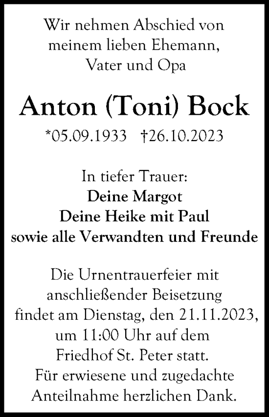 Traueranzeige von Anton Bock von Gesamtausgabe Nürnberger Nachrichten/ Nürnberger Ztg.
