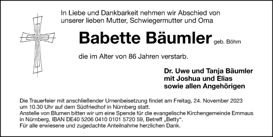 Traueranzeige von Babette Bäumler von Gesamtausgabe Nürnberger Nachrichten/ Nürnberger Ztg.