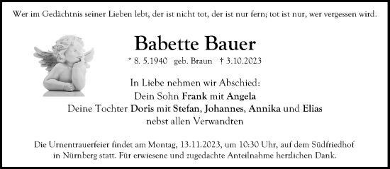 Traueranzeige von Babette Bauer von Gesamtausgabe Nürnberger Nachrichten/ Nürnberger Ztg.