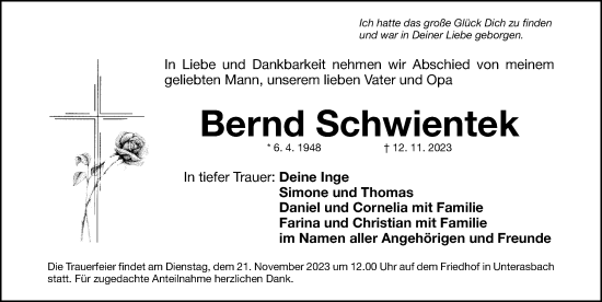 Traueranzeige von Bernd Schwientek von Fürther Nachrichten Lokal