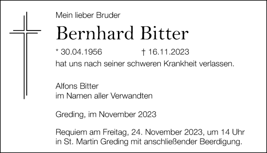 Traueranzeige von Bernhard Bitter von Roth-Hilpoltsteiner Volkszeitung Lokal