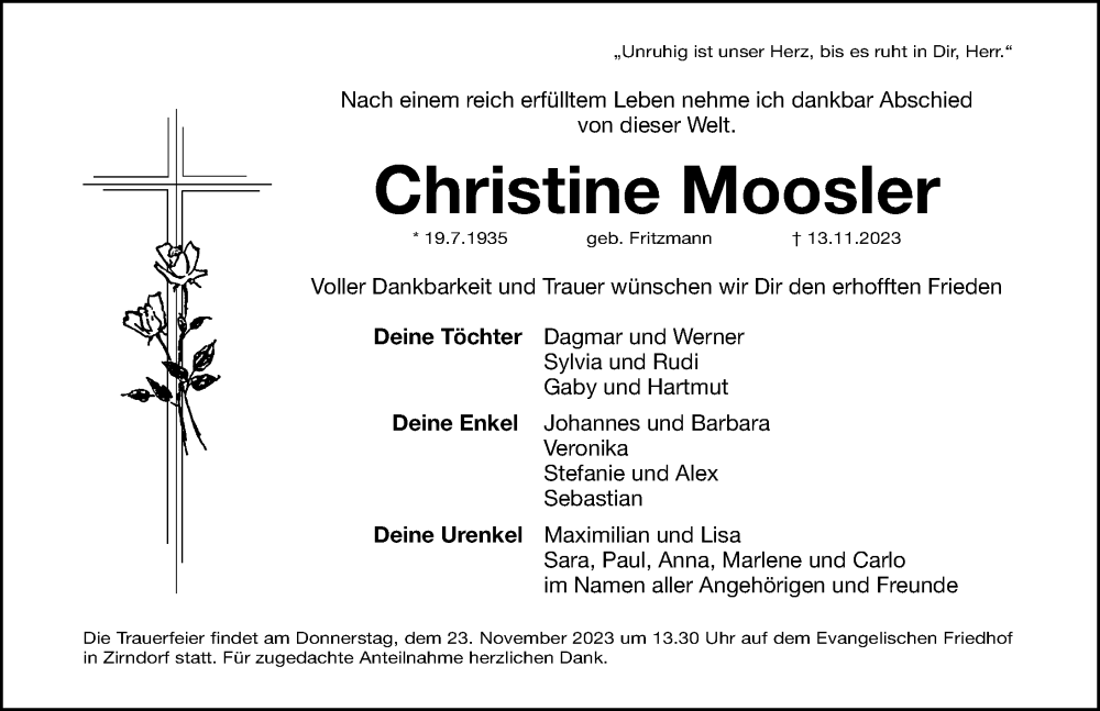  Traueranzeige für Christine Moosler vom 18.11.2023 aus Fürther Nachrichten Lokal