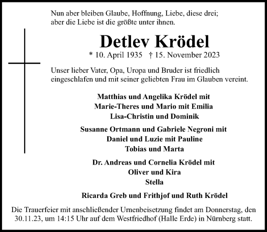 Traueranzeige von Detlev Krödel von Gesamtausgabe Nürnberger Nachrichten/ Nürnberger Ztg.