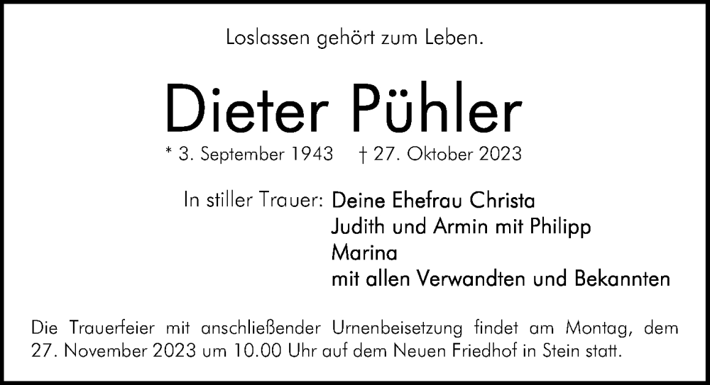  Traueranzeige für Dieter Pühler vom 18.11.2023 aus Gesamtausgabe Nürnberger Nachrichten/ Nürnberger Ztg.