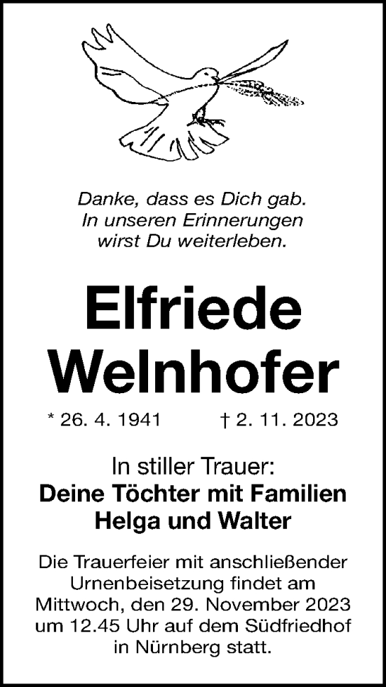 Traueranzeige von Elfriede Welnhofer von Gesamtausgabe Nürnberger Nachrichten/ Nürnberger Ztg.