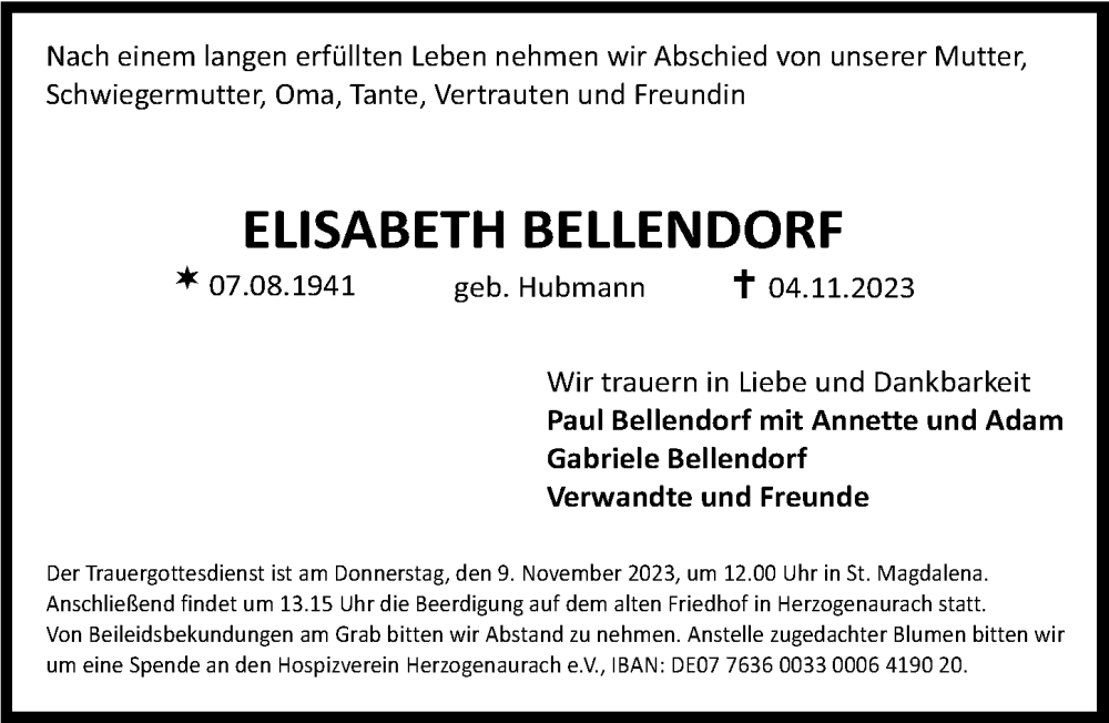  Traueranzeige für Elisabeth Bellendorf vom 07.11.2023 aus Nordbayerische Nachrichten Herzogenaurach Lokal