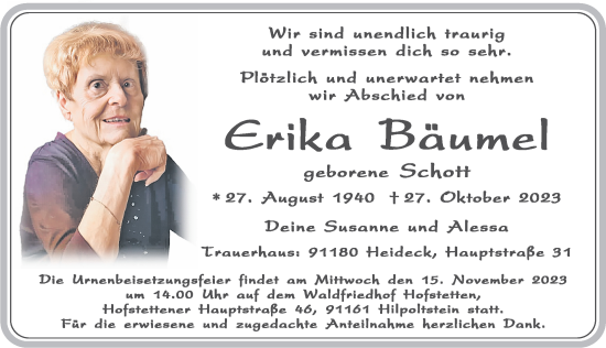 Traueranzeige von Erika Bäumel von Roth-Hilpoltsteiner Volkszeitung Lokal