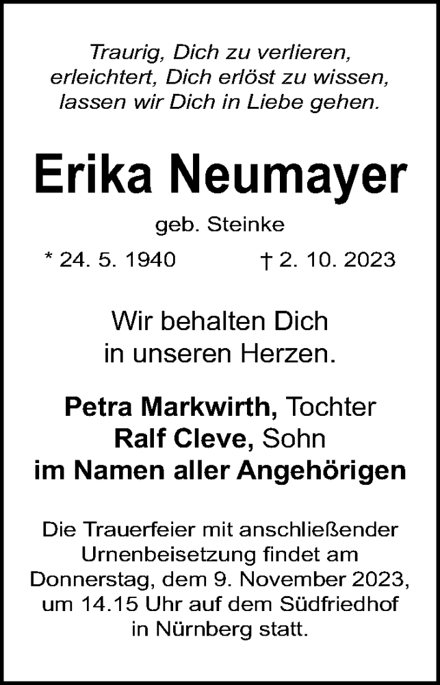  Traueranzeige für Erika Neumayer vom 04.11.2023 aus Gesamtausgabe Nürnberger Nachrichten/ Nürnberger Ztg.
