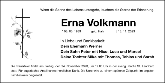 Traueranzeige von Erna Volkmann von Gesamtausgabe Nürnberger Nachrichten/ Nürnberger Ztg.