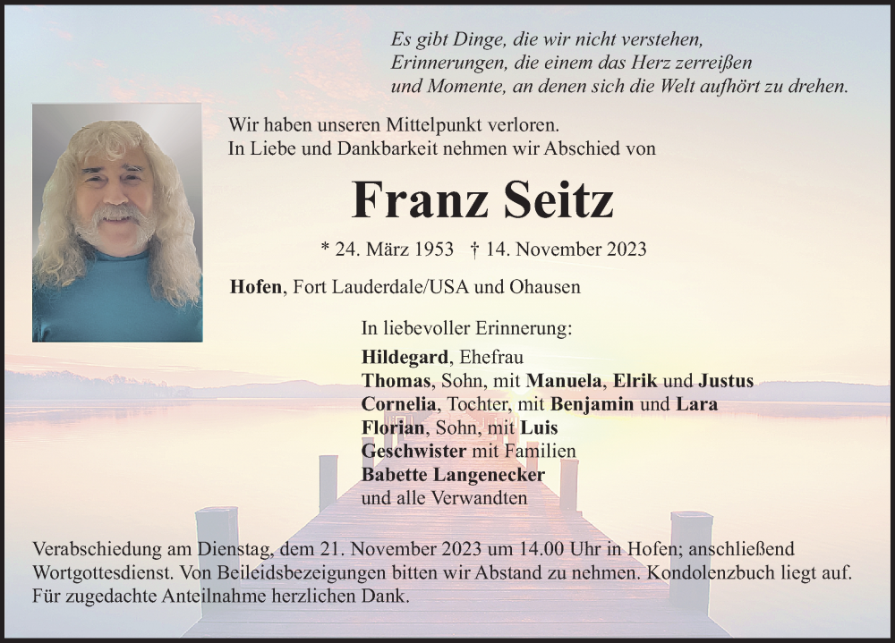  Traueranzeige für Franz Seitz vom 18.11.2023 aus Neumarkter Nachrichten Lokal