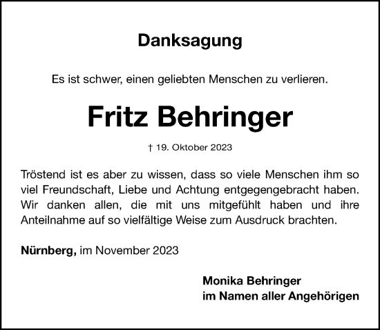 Traueranzeige von Fritz Behringer von Gesamtausgabe Nürnberger Nachrichten/ Nürnberger Ztg.