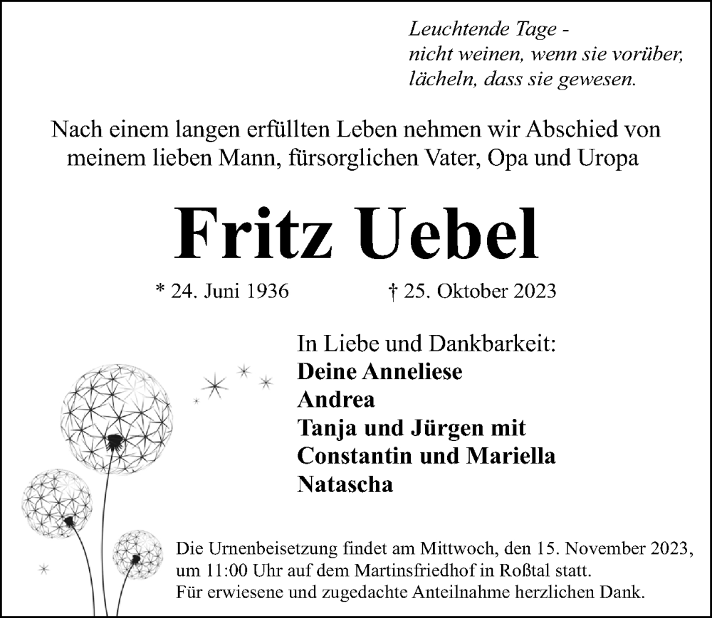  Traueranzeige für Fritz Uebel vom 04.11.2023 aus Fürther Nachrichten Lokal