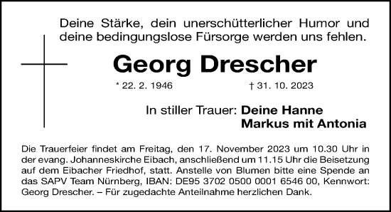 Traueranzeige von Georg Drescher von Gesamtausgabe Nürnberger Nachrichten/ Nürnberger Ztg.