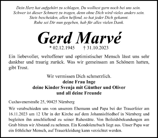 Traueranzeige von Gerd Marve von Gesamtausgabe Nürnberger Nachrichten/ Nürnberger Ztg.