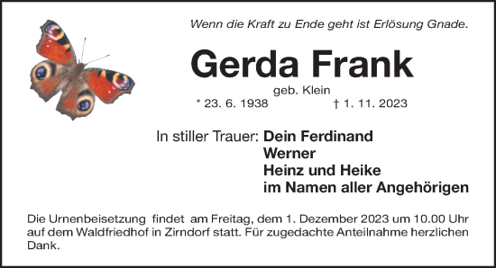 Traueranzeige von Gerda Frank von Fürther Nachrichten Lokal