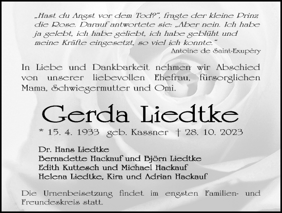 Traueranzeige von Gerda Liedtke von Gesamtausgabe Nürnberger Nachrichten/ Nürnberger Ztg.