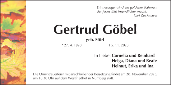 Traueranzeige von Gertrud Göbel von Gesamtausgabe Nürnberger Nachrichten/ Nürnberger Ztg.