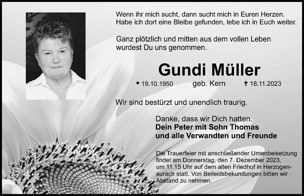  Traueranzeige für Gundi Müller vom 25.11.2023 aus Nordbayerische Nachrichten Herzogenaurach Lokal