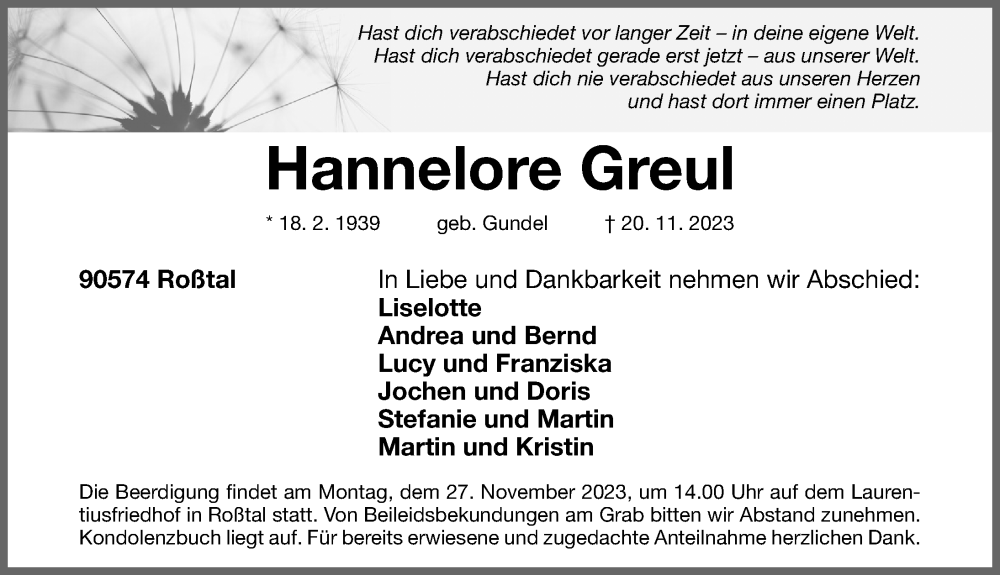 Traueranzeige für Hannelore Greul vom 25.11.2023 aus Gesamtausgabe Nürnberger Nachrichten/ Nürnberger Ztg.