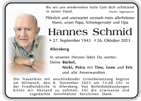 Traueranzeige von Hannes Schmid von Roth-Hilpoltsteiner Volkszeitung Lokal