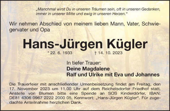 Traueranzeige von Hans-Jürgen Kügler von Gesamtausgabe Nürnberger Nachrichten/ Nürnberger Ztg.