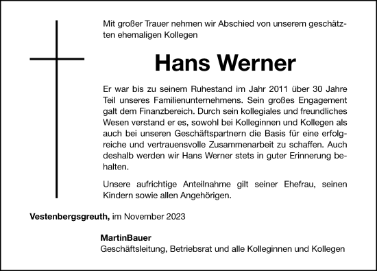 Traueranzeige von Hans Werner von Nordbayerische Nachrichten Herzogenaurach Lokal