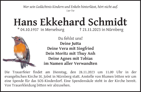 Traueranzeige von Hans Ekkehard Schmidt von Gesamtausgabe Nürnberger Nachrichten/ Nürnberger Ztg.