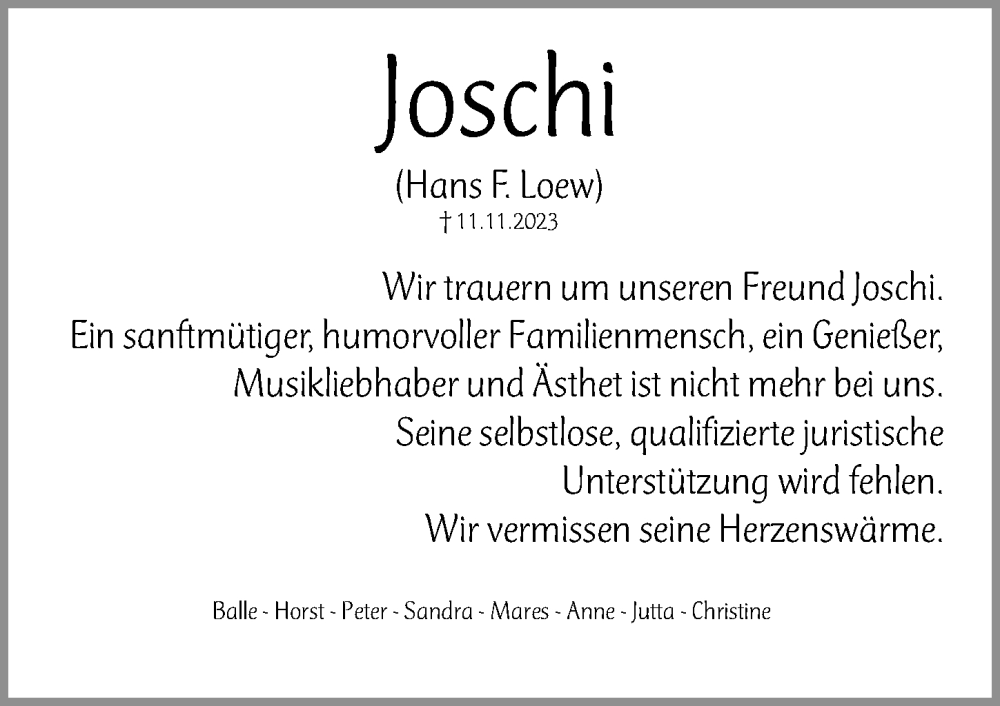  Traueranzeige für Hans F. Loew vom 25.11.2023 aus Gesamtausgabe Nürnberger Nachrichten/ Nürnberger Ztg.